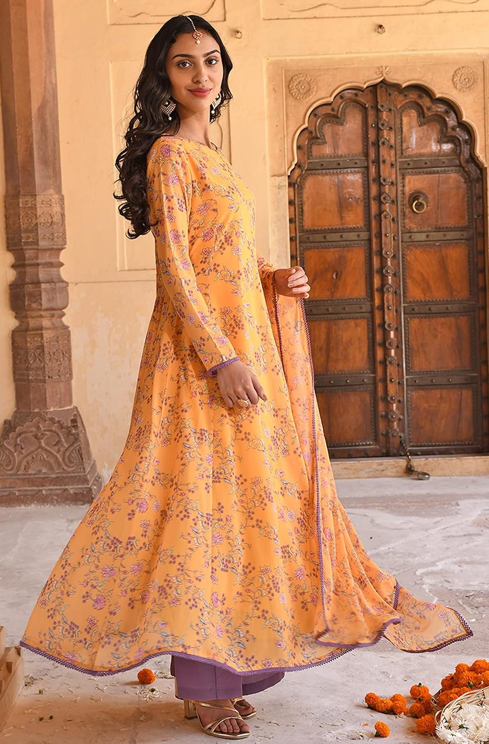 Janasya Indian Women's Yellow Flowy Printed Kurta Kurti Top Tunic Festive Evening wear Kurta Set with Dupatta for Women