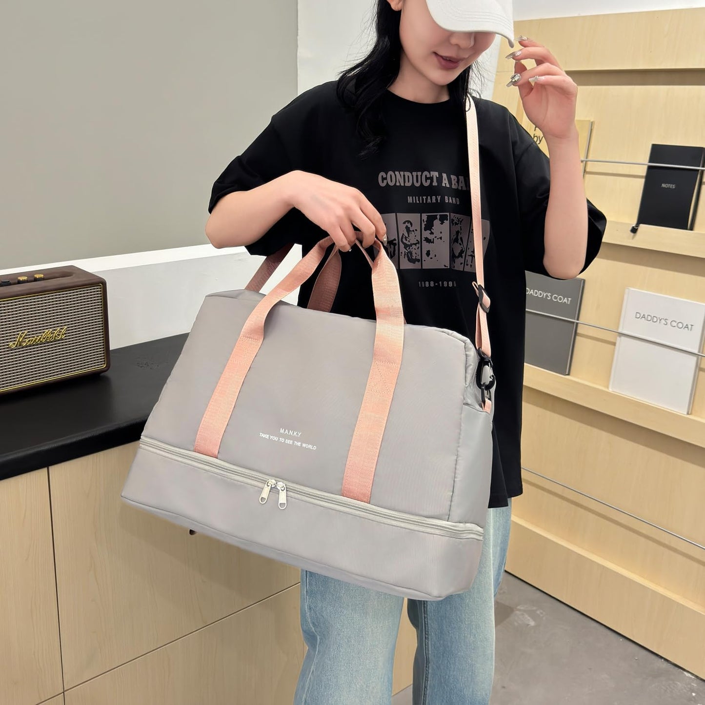 FOAN & MABLE Light Sports Travel Duffel Bag with Shoe Compartment, Large Capacity Gym Bag with Wet Pocket for lady (Grey)