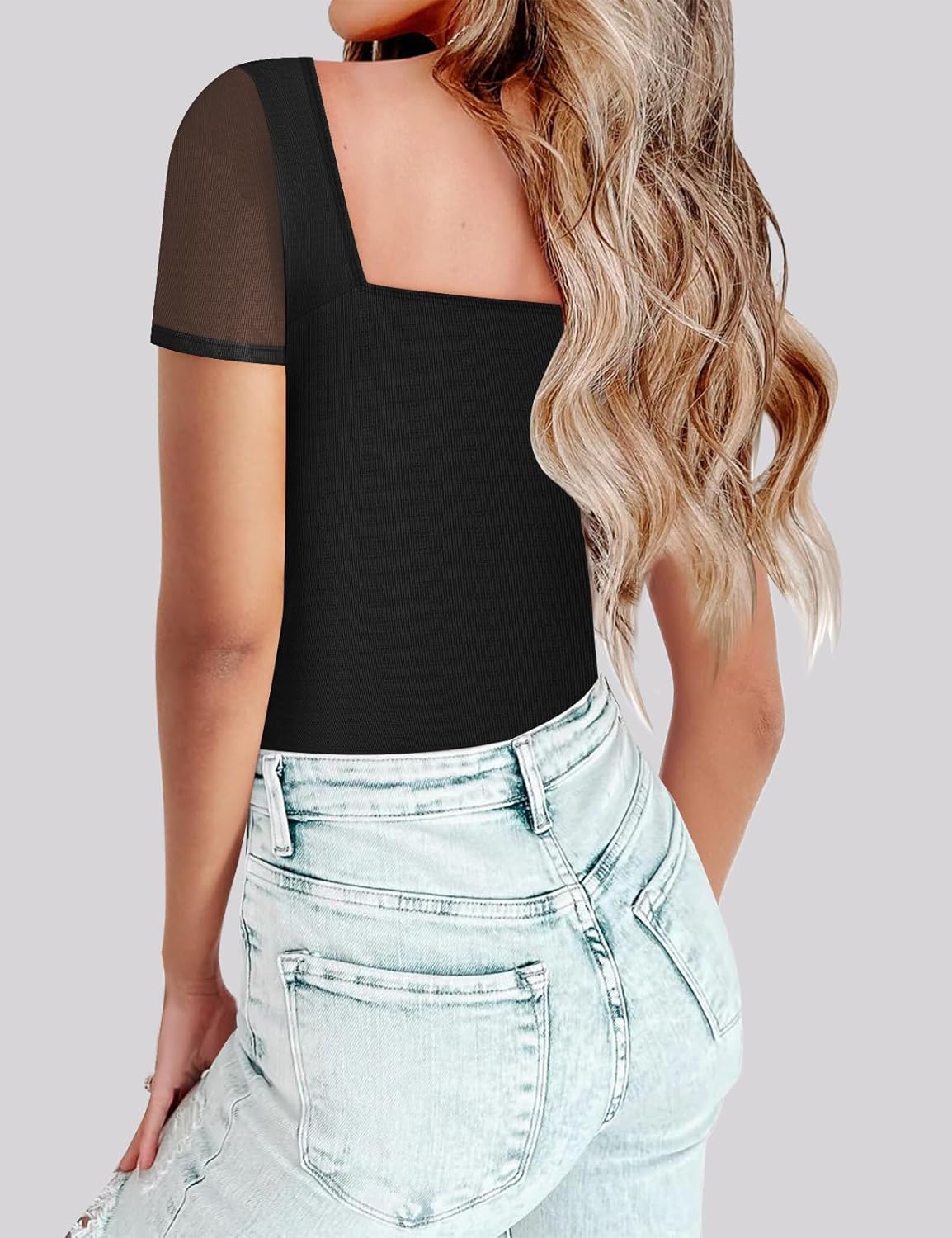 Chunpin Women's Mesh Square Neck Bodysuit Short Sleeve Long Sleeve Outfits Tops Thong Bodysuit
