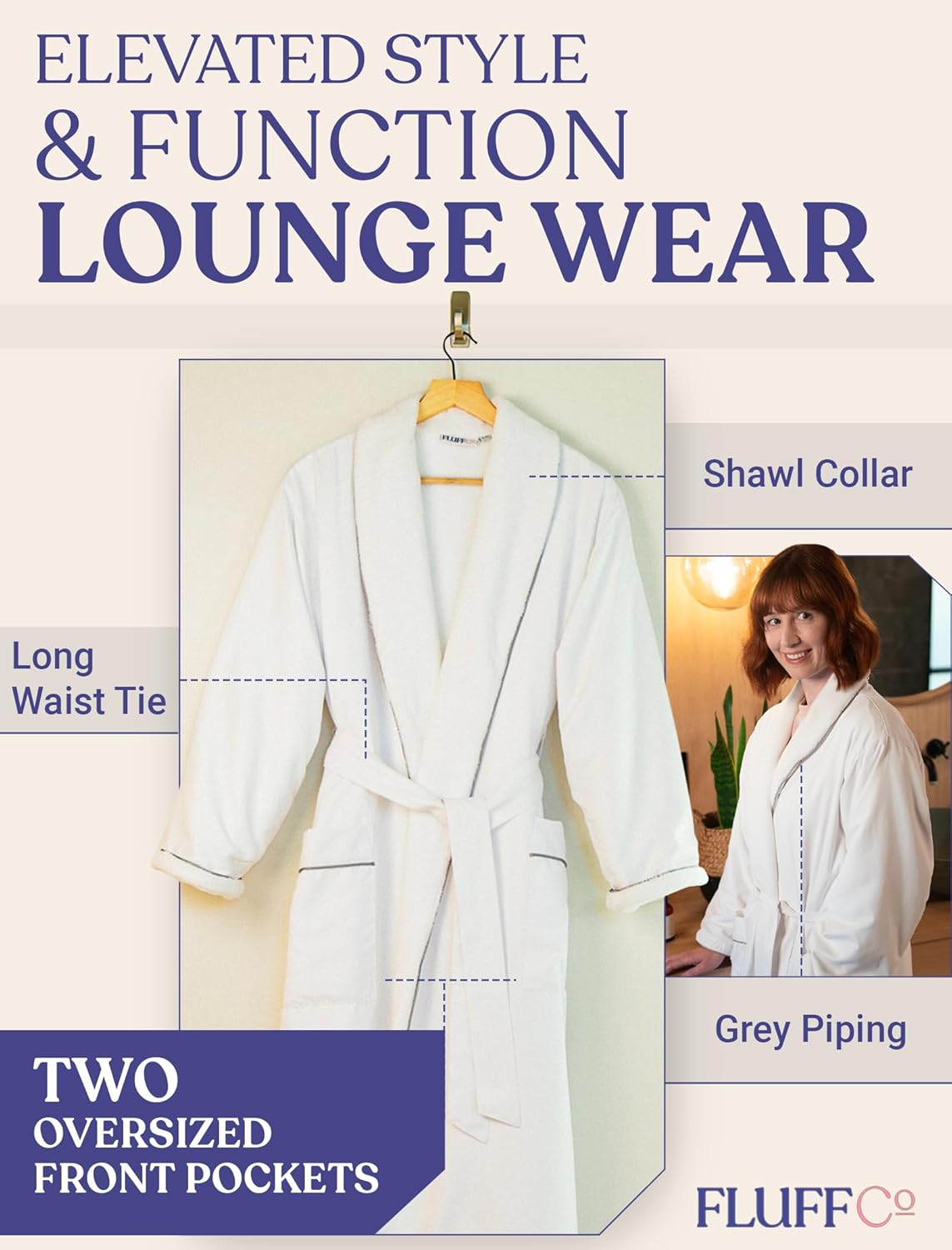 FluffCo Luxury Hotel BathRobe | Resort Quality with Side Pockets & Waist-Tie Belt, Microfiber Interior, Fleece Exterior