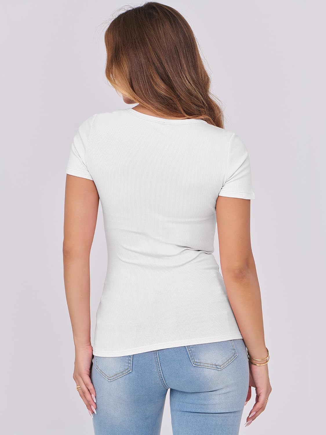 ANRABESS Women Short Sleeve Tops Scoop Neck Ribbed Knit Slim Fitted Basic Tee Shirts Casual Summer Clothes 2025 Fall Outfits