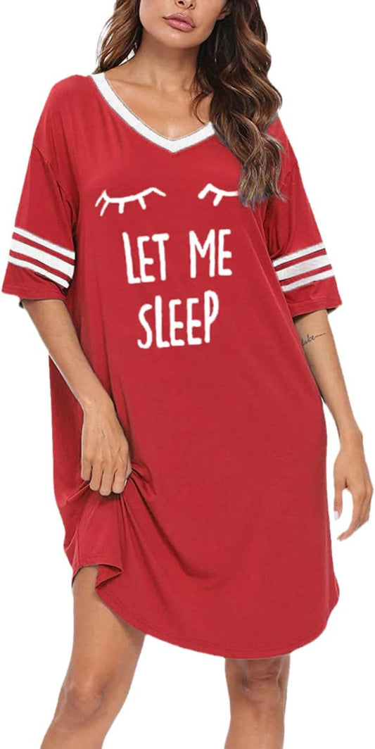 KAMONG Sleep Shirts for Women Short Sleeve Cotton Novelty Night Shirts V Neck Oversized Nightgowns Cute Printed Nightdress