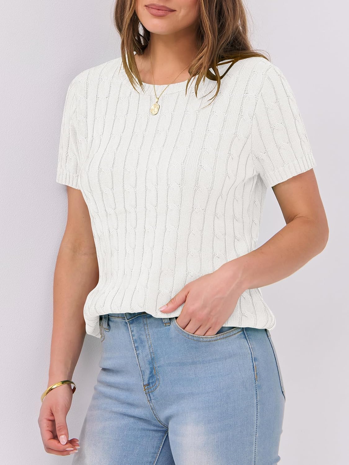 ANRABESS Womens Short Sleeve Sweaters Tops Crewneck Cable Knit Casual Soft Pullover Shirt 2025 Spring Summer Business Outfits