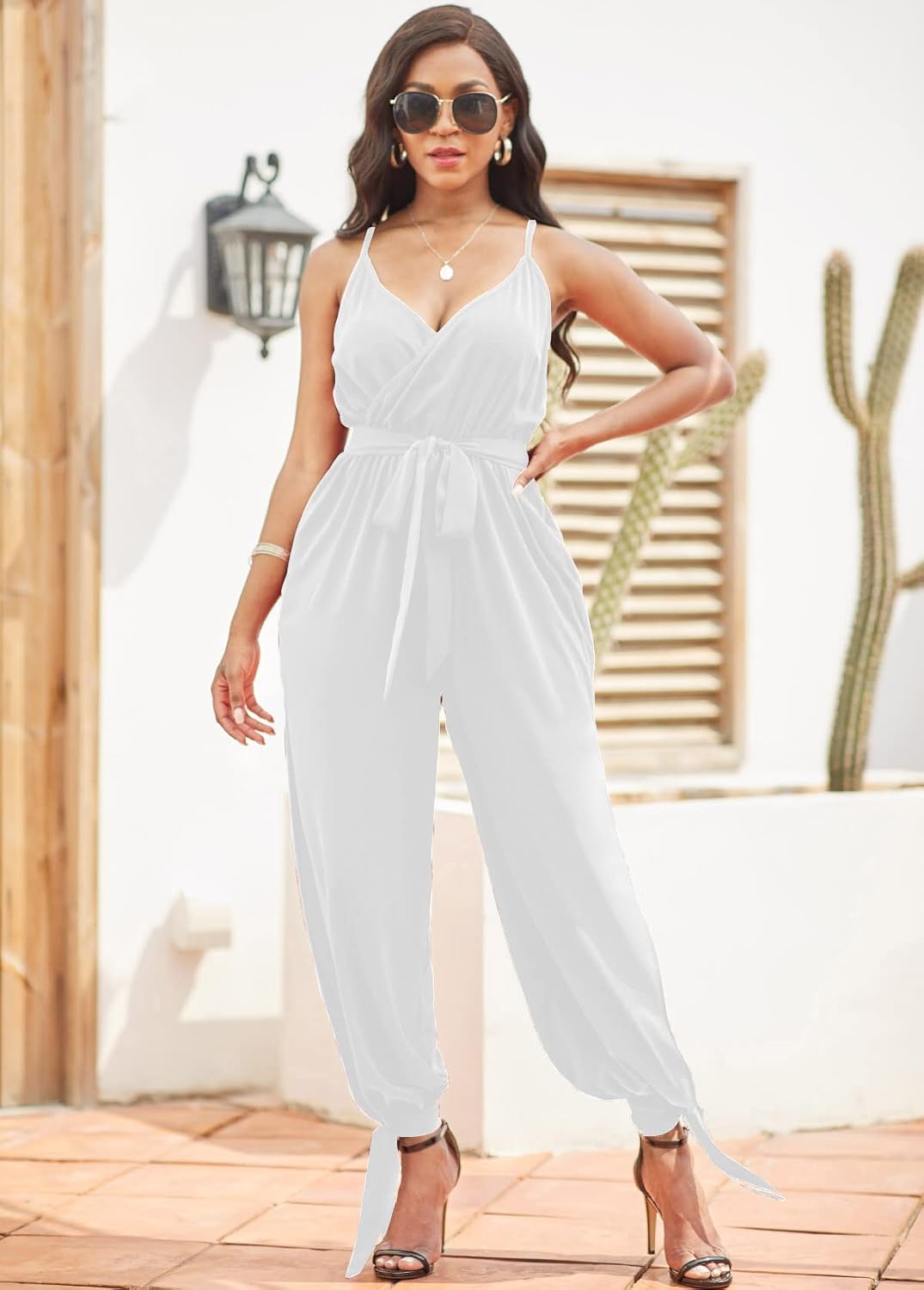 LightlyKiss Casual Summer Dressy Jumpsuits for Women Spaghetti Strap Wide Leg Split Long Pants Loose Fit Rompers