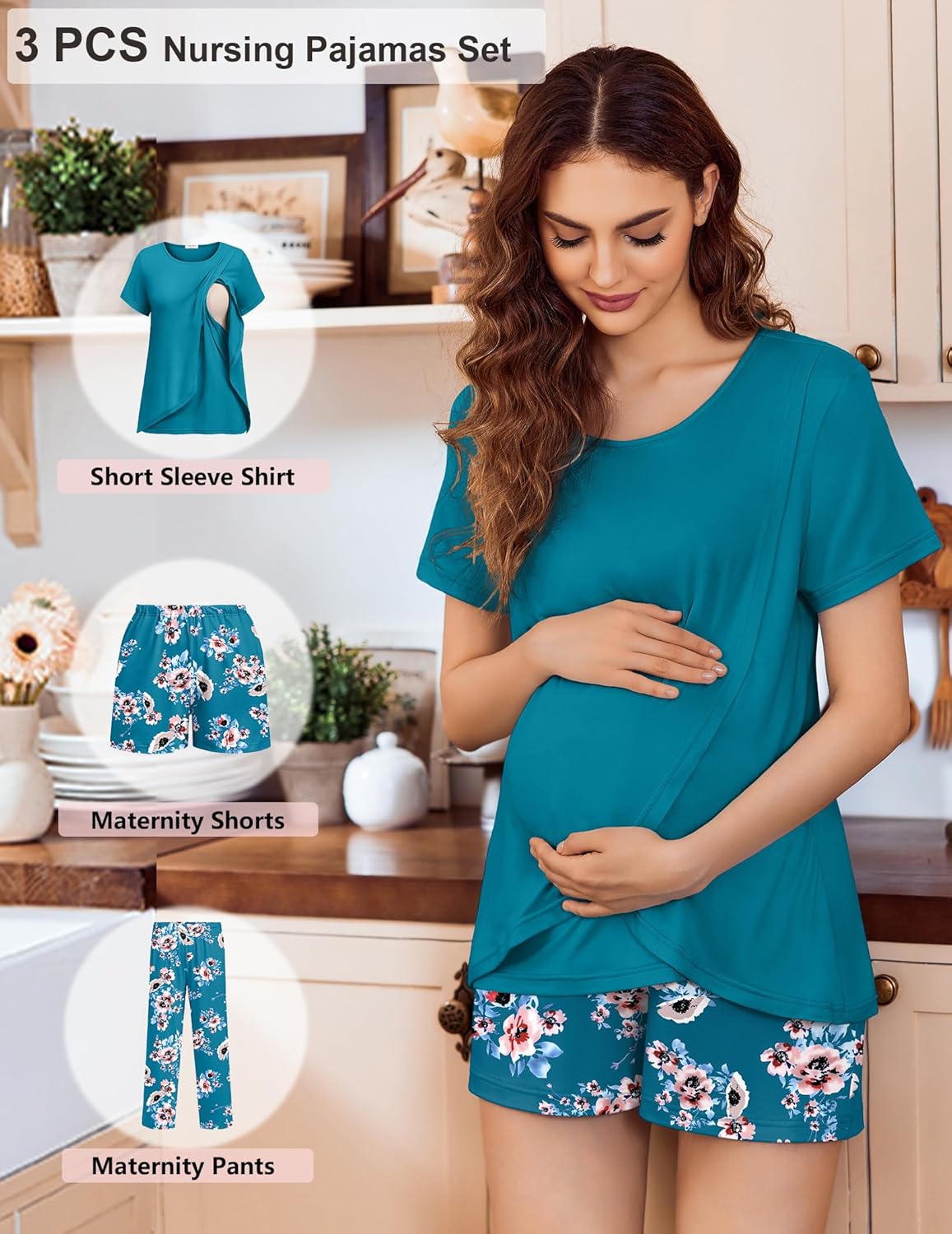 Ekouaer 3 PCS Maternity Nursing Pajamas Set Postpartum Breastfeeding Short Sleeve Shirts, Pregnancy Shorts & Pants Pjs S-XXL