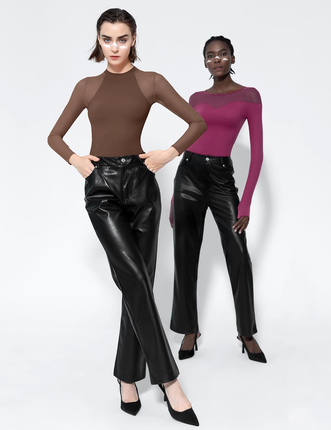 PUMIEY Mesh Long Sleeve Bodysuit for Women Crew Neck Body Suits Sexy Sheer Tops Smoke Cloud Collection