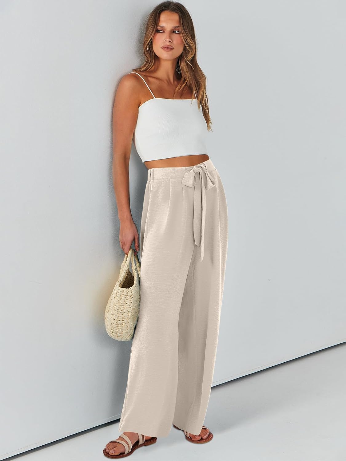 Caracilia Women Wide Leg Palazzo Pants Summer High Waist Flowy Casual Trousers Loose Lounge Beach Travel Vacation Clothes