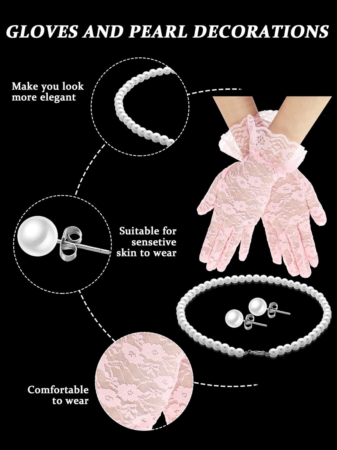 Honoson 4 Pcs Fascinators Hats Set for Women Tea Party Accessory Headpiece Veil Lace Glove Pearl Set, Wedding Halloween Xmas
