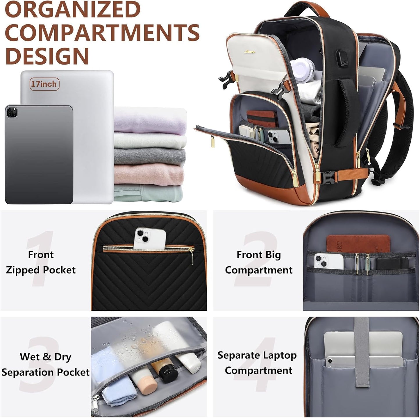 Large Carry On Travel Backpack: Flight Approved 40L Waterproof TSA Personal Item Daypack for Women Weekender Bag fit 17inch Laptop Luggage Backpack Traveling Business with USB Port and 3 Packing Cubes