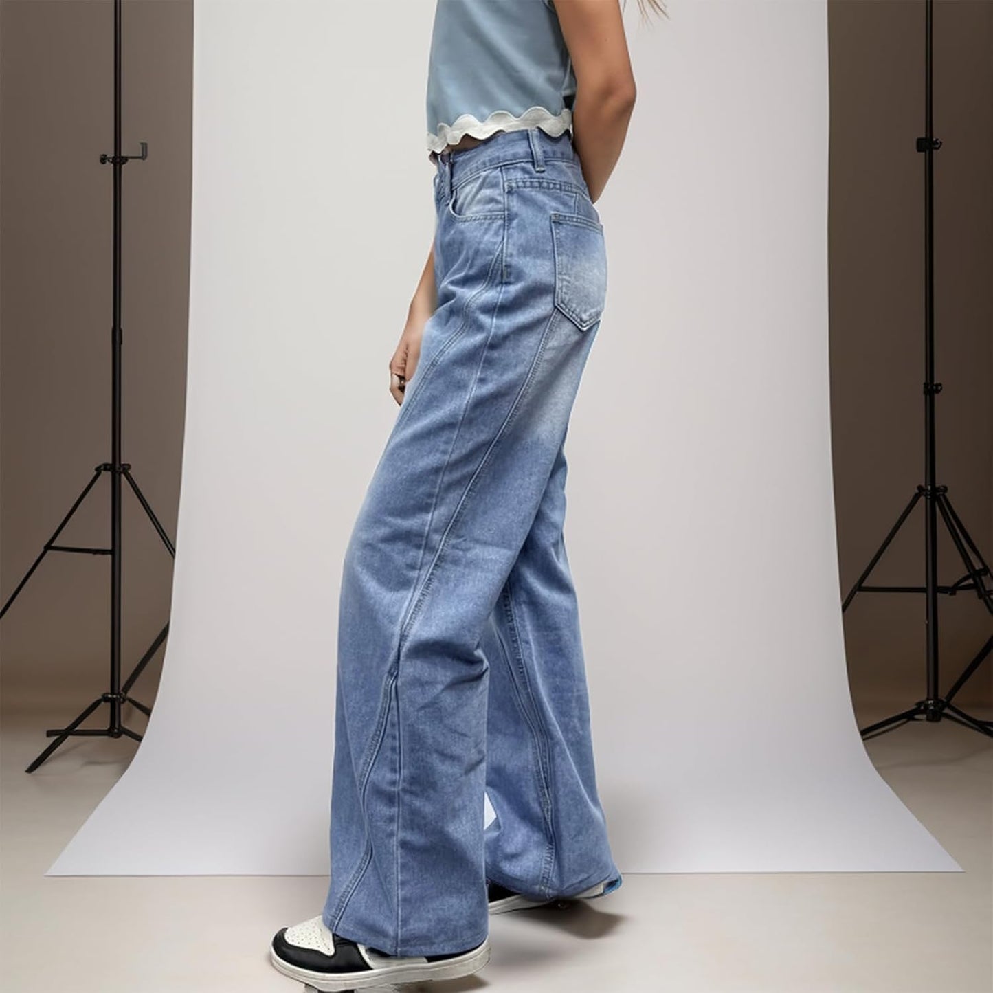 Vintage Mid Waist Jeans for Women Boyfriend Mom Wide Leg Jean Baggy Straight Leg Relaxed Fit Long Denim Pants