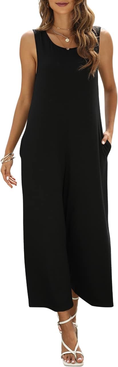 Women's Summer Casual Loose Tank Jumpsuit Sleeveless Crewneck Jumpsuit Romper Outfits with Pockets