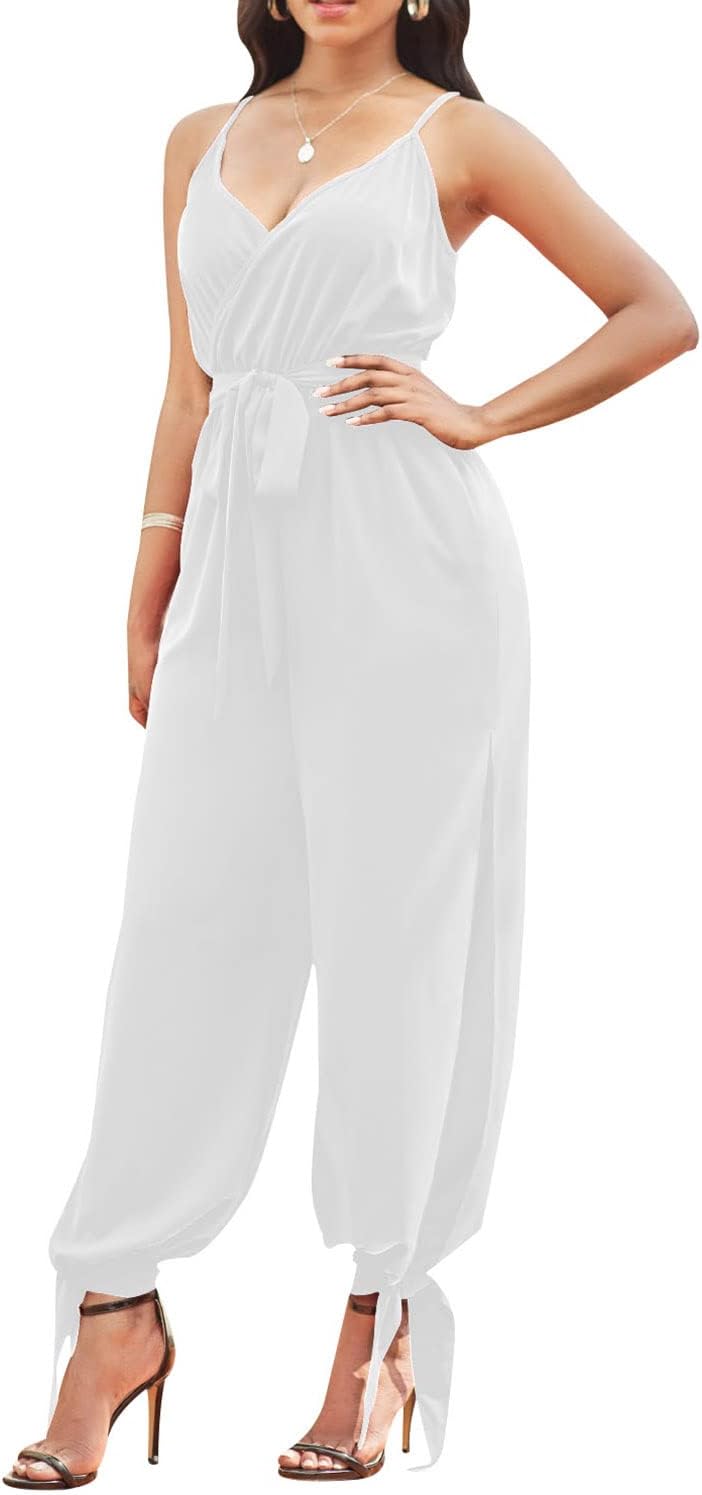 LightlyKiss Casual Summer Dressy Jumpsuits for Women Spaghetti Strap Wide Leg Split Long Pants Loose Fit Rompers