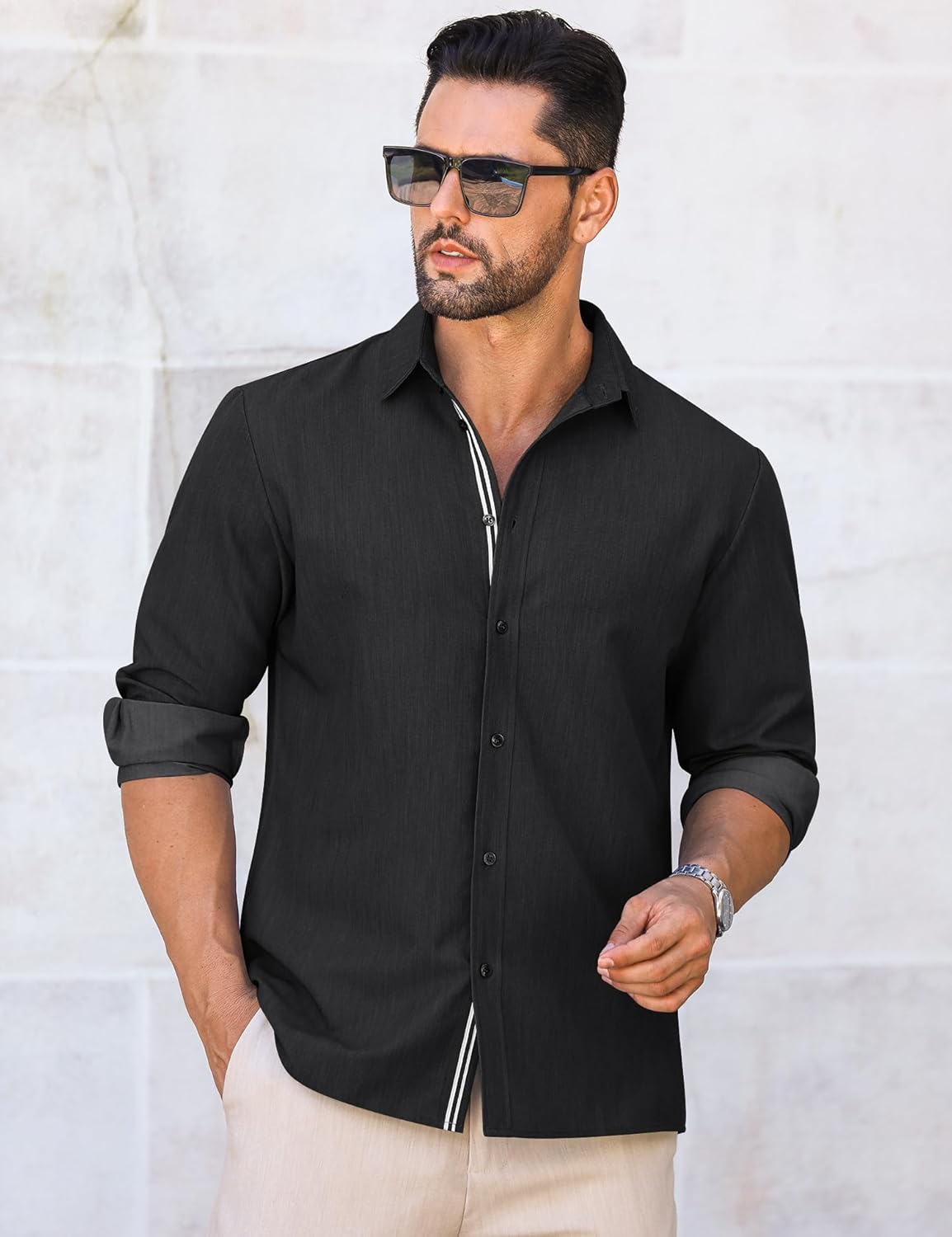 LETSEE Mens Casual Button Down Shirt Untucked Long Sleeve Denim Textured Shirt Strech Wrinkle-Free Dress Shirt