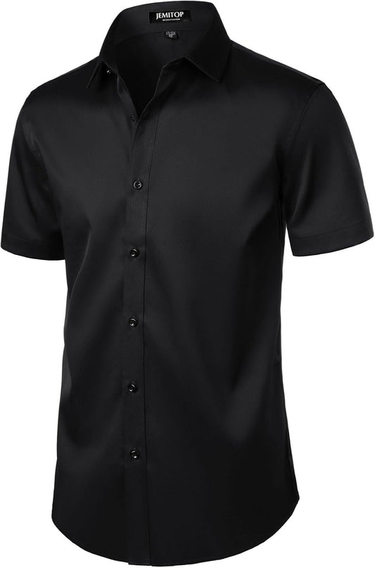 Men's Stretch Wrinkle Free Dress Shirts Formal Wedding Prom Short Sleeve Slim Fit Button Down Shirt