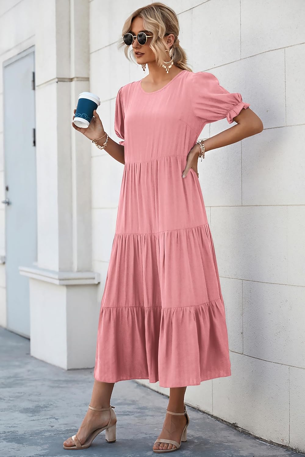 PRETTYGARDEN Summer Dresses for Women 2025 Casual Floral Boho Midi Sun Dress Puff Short Sleeve Flowy Beach Vacation Sundress