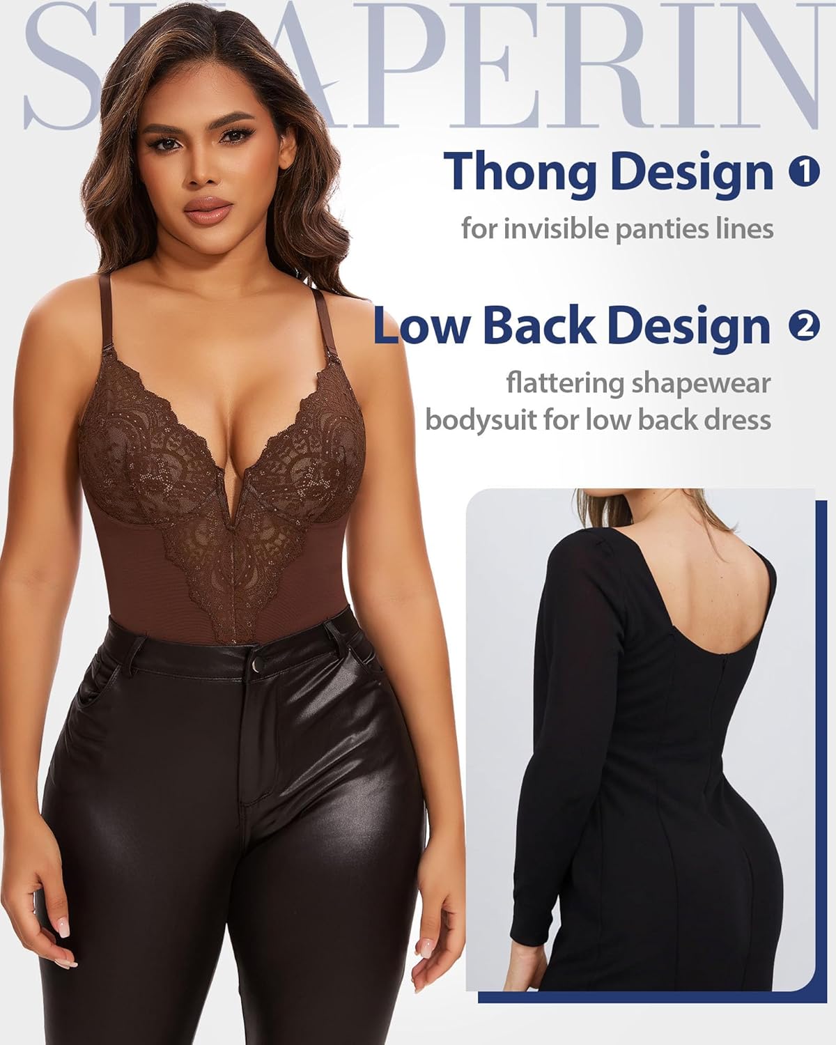 SHAPERIN Sexy Lace Shapewear Bodysuit Women's Sleeveless V Neck Tummy Control Backless Thong Tank Tops Body Suit Shaper