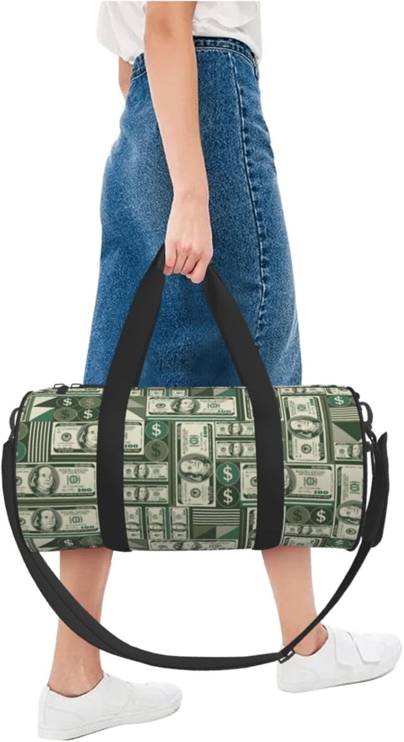 Money Sports Gym Bag Geometric Hundred Dollar Bills Travel Duffel Bag Shoes Compartment For Men Women Foldable Lightweight Yoga Gym Sports Bag