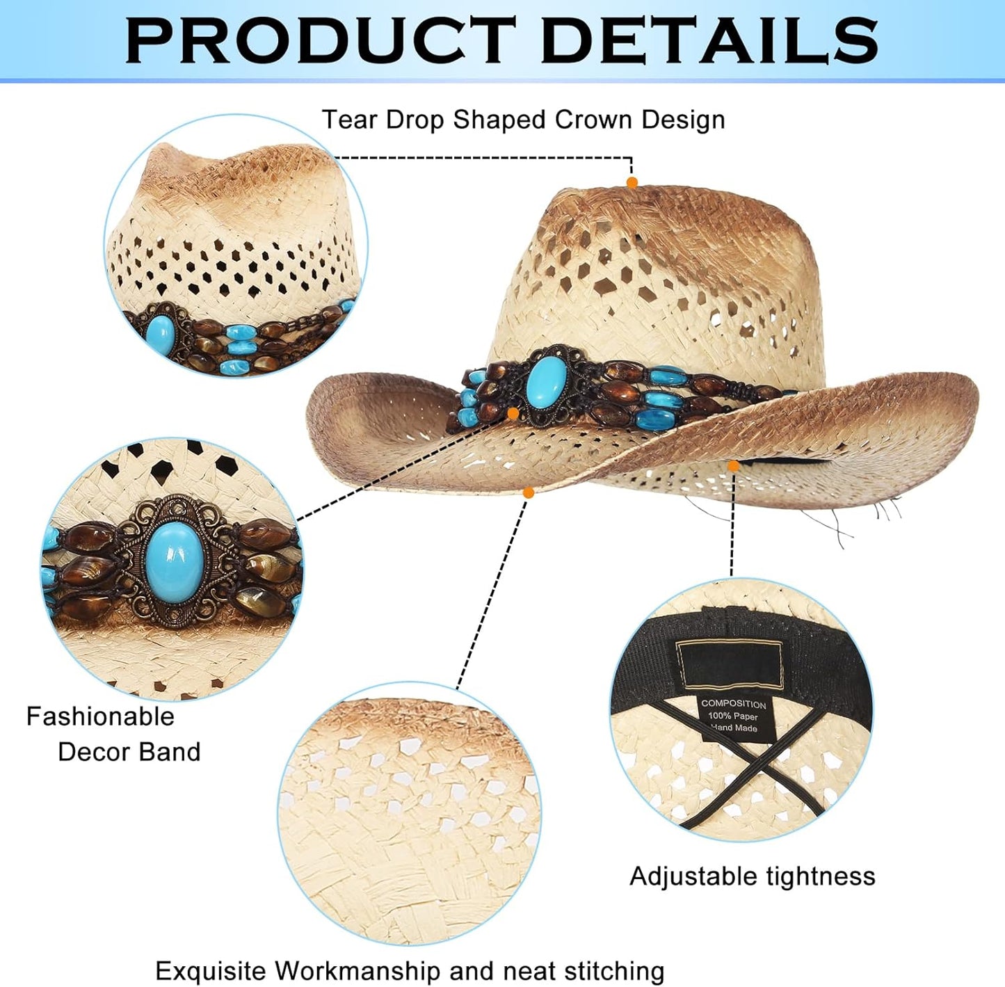 La Vogue Straw Cowboy Hat for Women Men Classic Roll up Brim Fedora Cowgirl Hat with Turquoise Belt