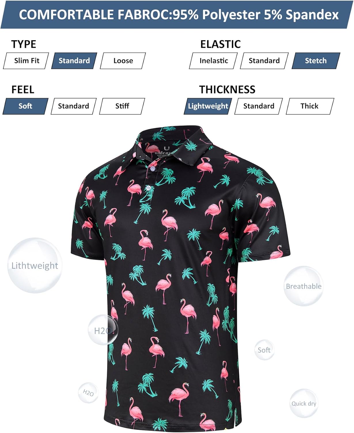 uideazone Mens Polo Shirts Short Sleeve Dry Fit 3D Print Moisture Wicking Funny Golf Shirt