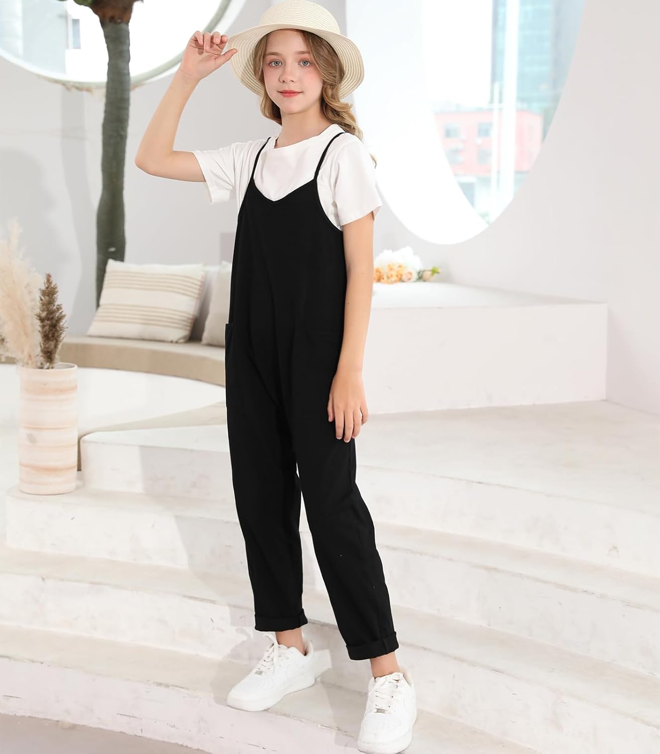 RAISEVERN Jumpsuits for Girls Casual Sleeveless Loose Spaghetti Strap Summer Rompers Long Pants with Pockets