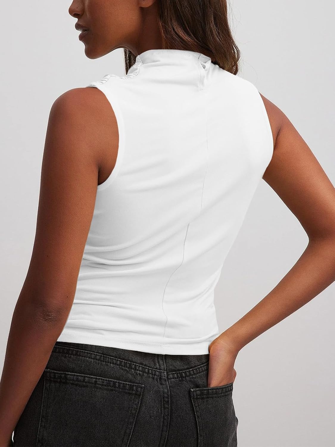 Tankaneo Womens Sleeveless Tank Tops Slim Fitted Mock Neck Draped Stretchy Summer Casual Ruched Tops
