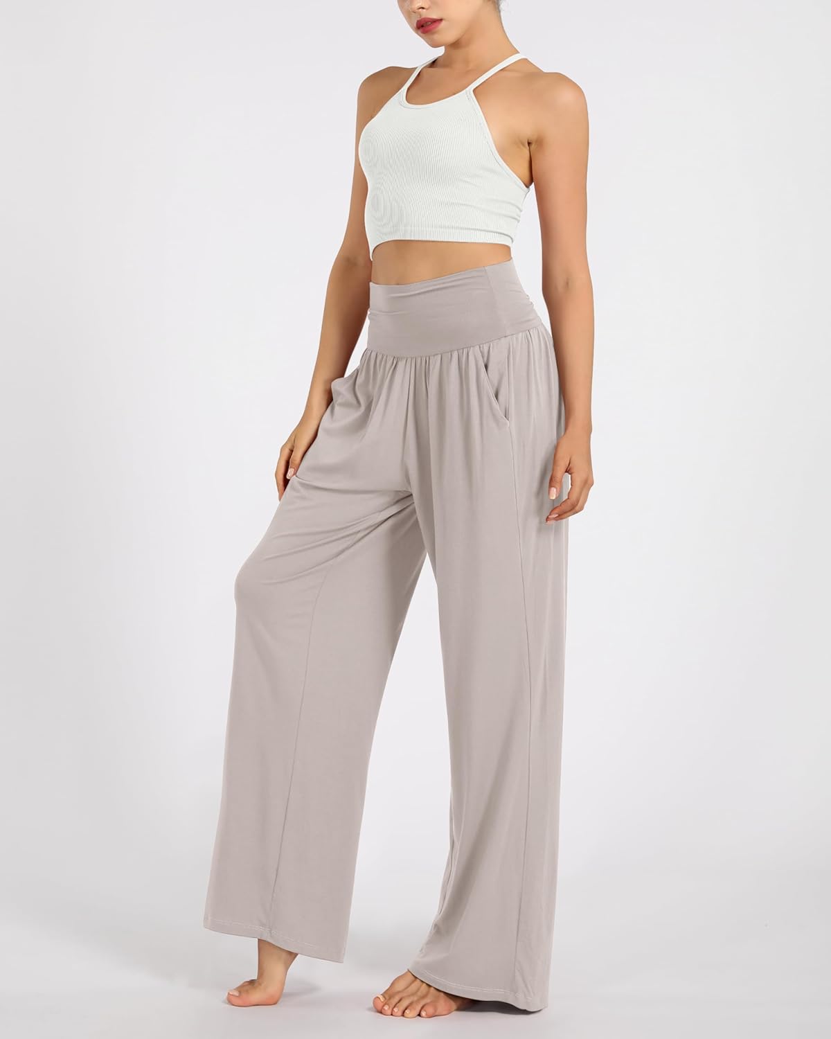 ODODOS Women's Wide Leg Palazzo Lounge Pants with Pockets Light Weight Loose Comfy Casual Pajama Pants-32 Inseam, Light Beige, Medium