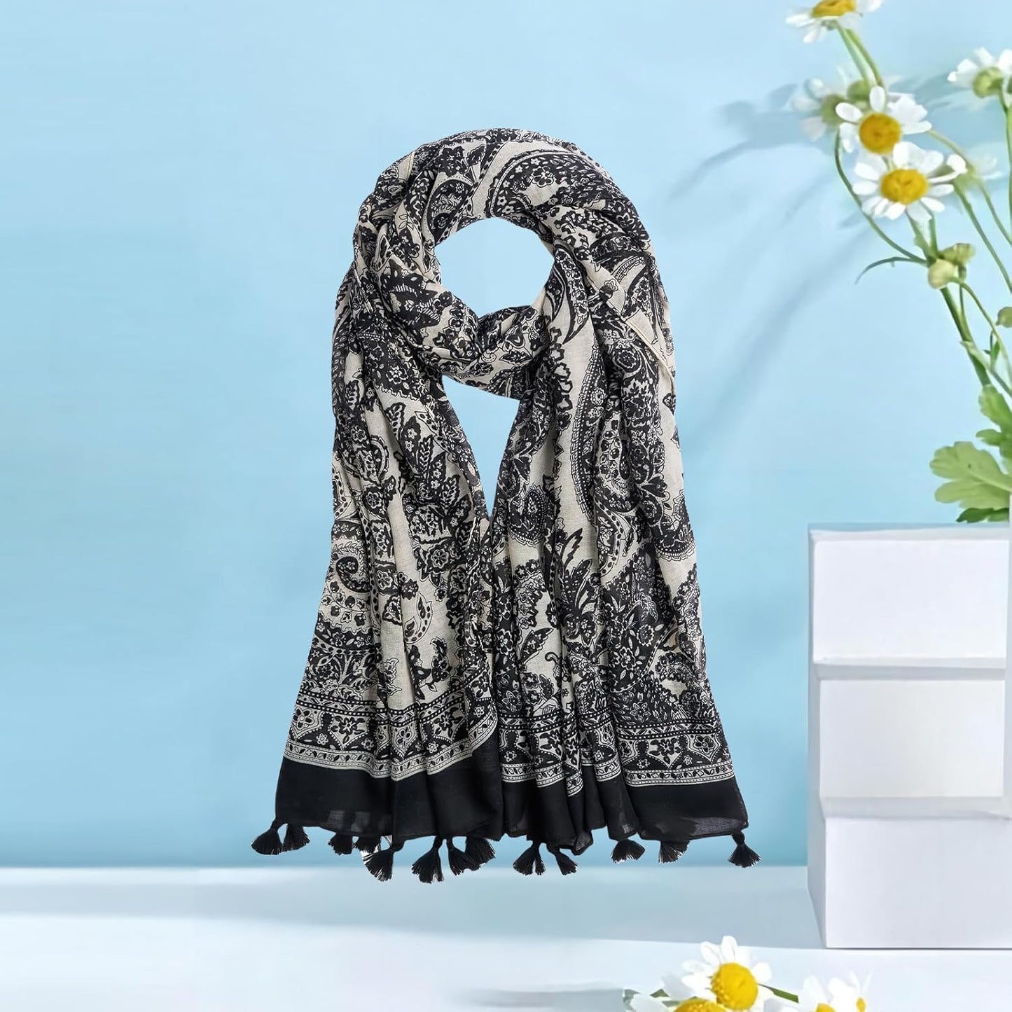 Scarf for Women Lightweight Fashion Floral Printed Scarves Boho Fall Winter Fringed Shawl Wraps