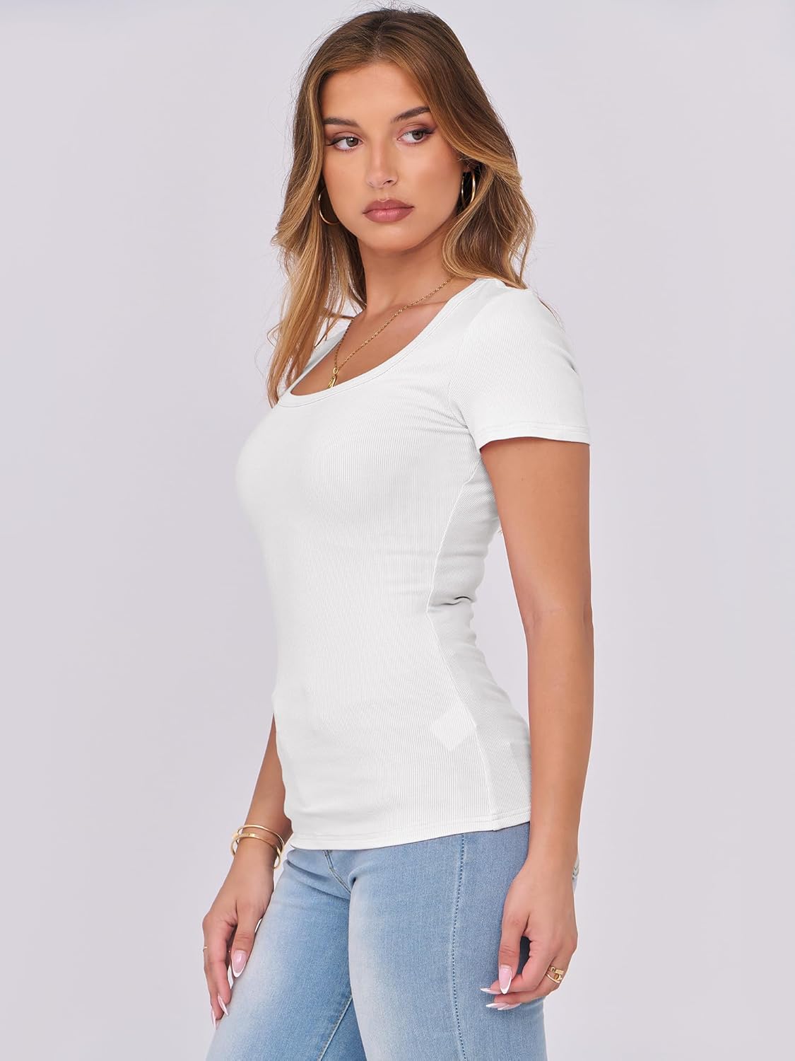 ANRABESS Women Short Sleeve Tops Scoop Neck Ribbed Knit Slim Fitted Basic Tee Shirts Casual Summer Clothes 2025 Fall Outfits