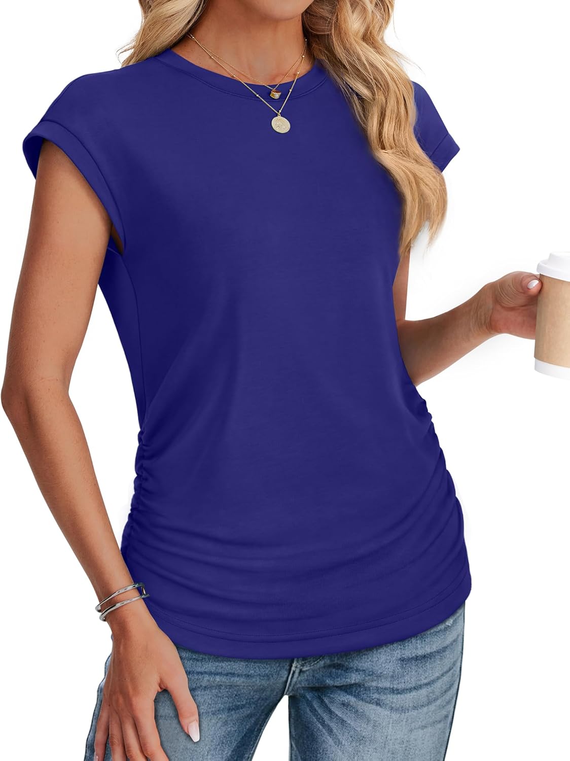 SAMPEEL Womens Summer Tops Trendy 2025 Ruched Cap Short Sleeve Tshirts Shirts Crew Neck T Shirts Fashion