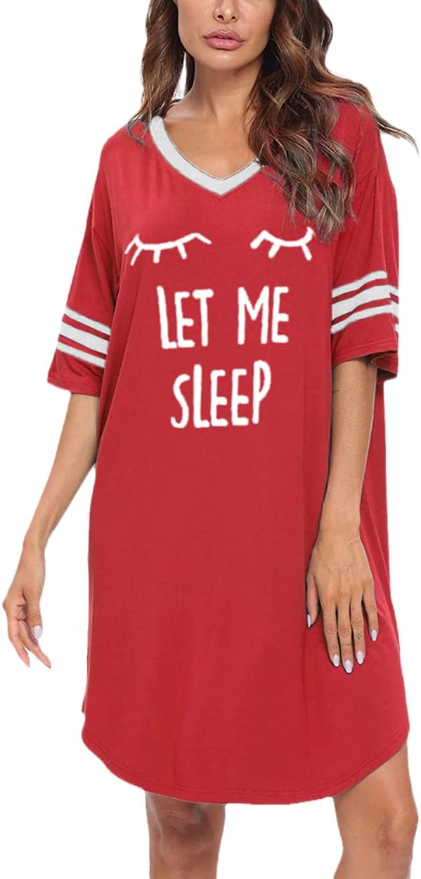 KAMONG Sleep Shirts for Women Short Sleeve Cotton Novelty Night Shirts V Neck Oversized Nightgowns Cute Printed Nightdress