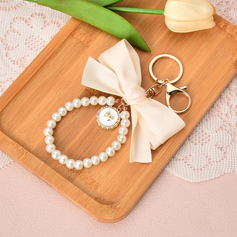 Pearl Bow Keychain Wistlet for Girls Women Bow Pearl Keychains Pink Black Beige