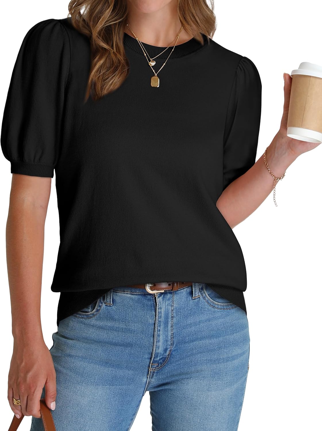 WIHOLL Women's Puff Short Sleeve Sweater 2025 Spring Summer Tops Trendy Business Casual Outfits Work Blouses Clothes