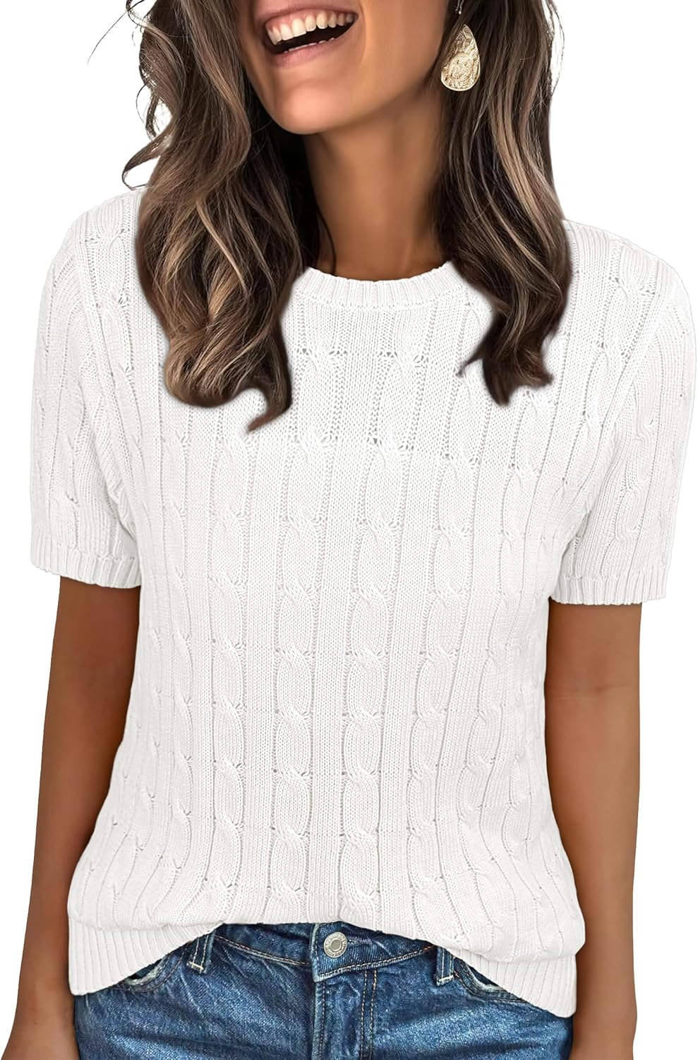 ANRABESS Womens Short Sleeve Sweaters Tops Crewneck Cable Knit Casual Soft Pullover Shirt 2025 Spring Summer Business Outfits