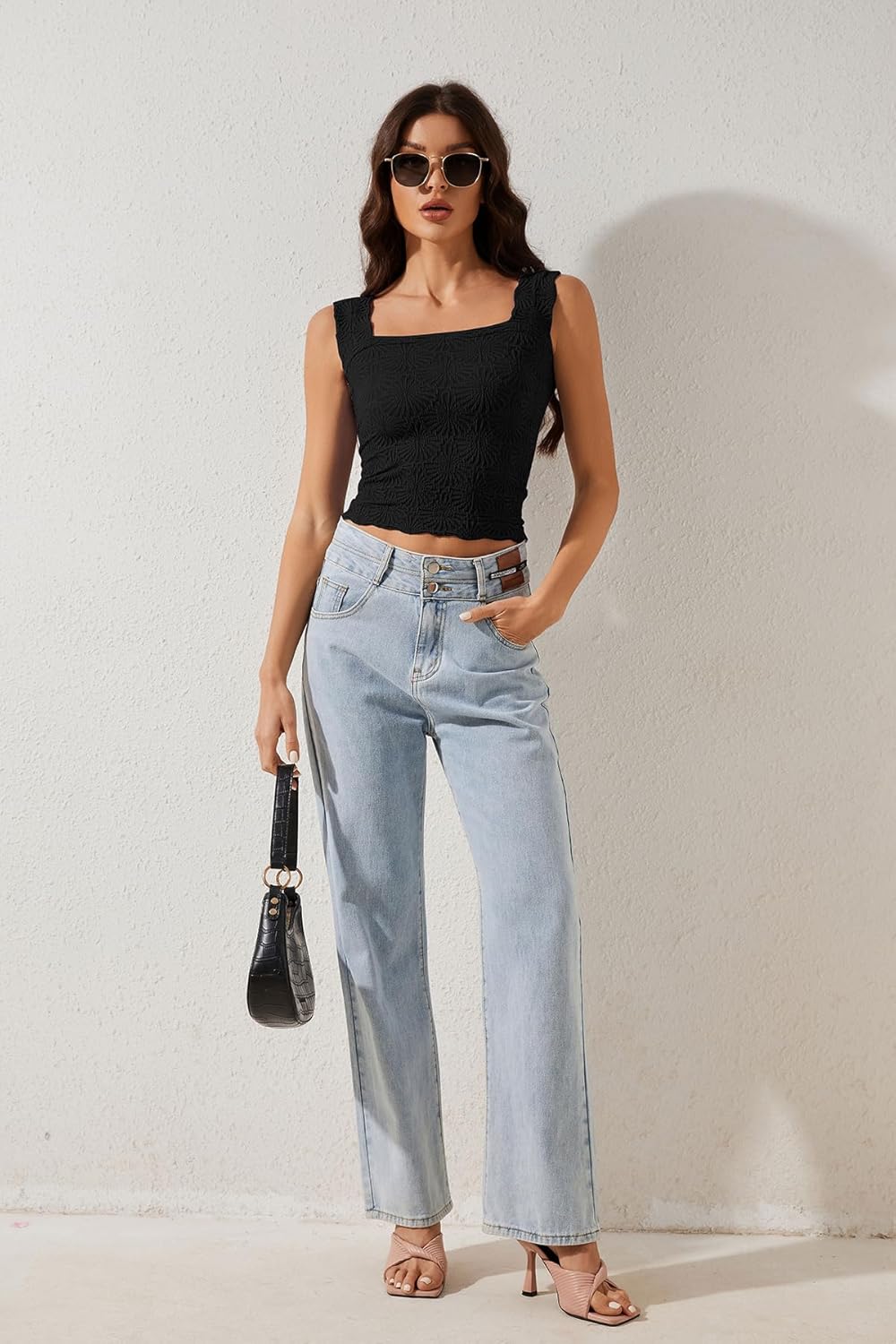 MISSACTIVER Women Square Neck Wide Straps Crop Tank Tops Casual Floral Sleeveless Lettuce Trim Slim Fit Crop Cami Vest Tops