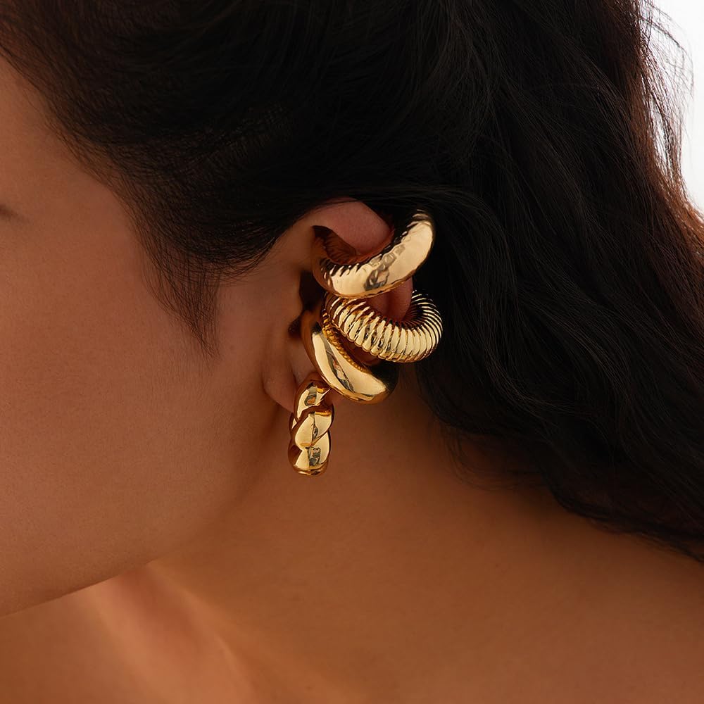 KISS WIFE 4 Pcs Chunky Ear Cuffs Non Piercing for Women, 14K Gold Plated Clip On Cartilage Hoop Earrings Jewelry Gifts