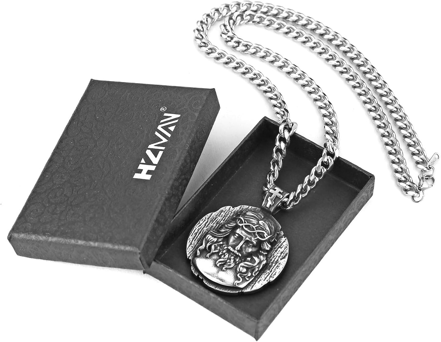 HZMAN Jesus Pendant Necklace for Men Retro Stainless Steel Medal Pendant Necklace Amulet Jewelry Gift