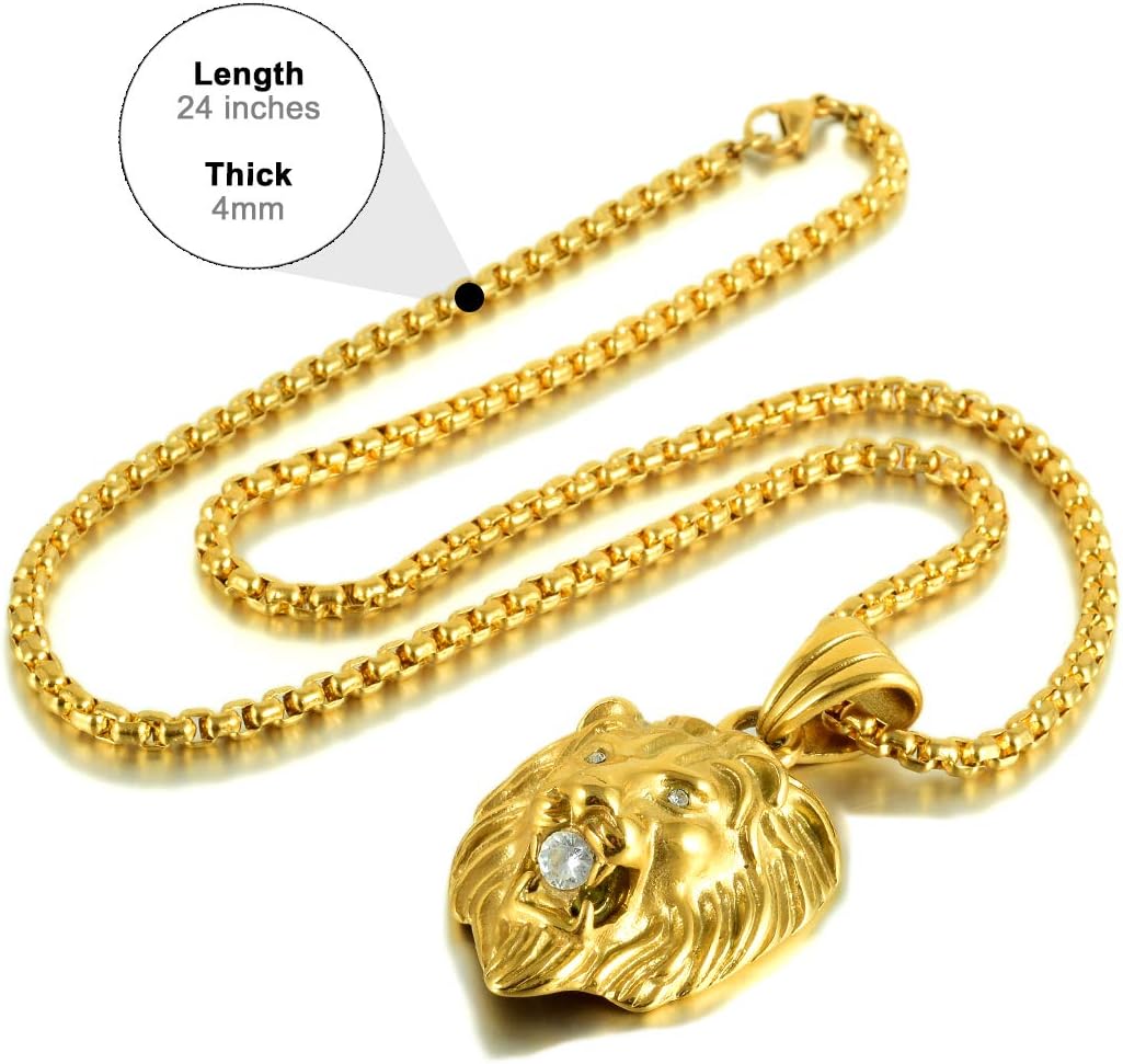 Jewelry Kingdom 1 Mens Necklace Lion Pendant Necklace, Bigger in Size, Silver Plated Stainless Steel, 3PCS Shiny CZ Diamonds, Comes with Rope Chain 24”and in a Gift Box
