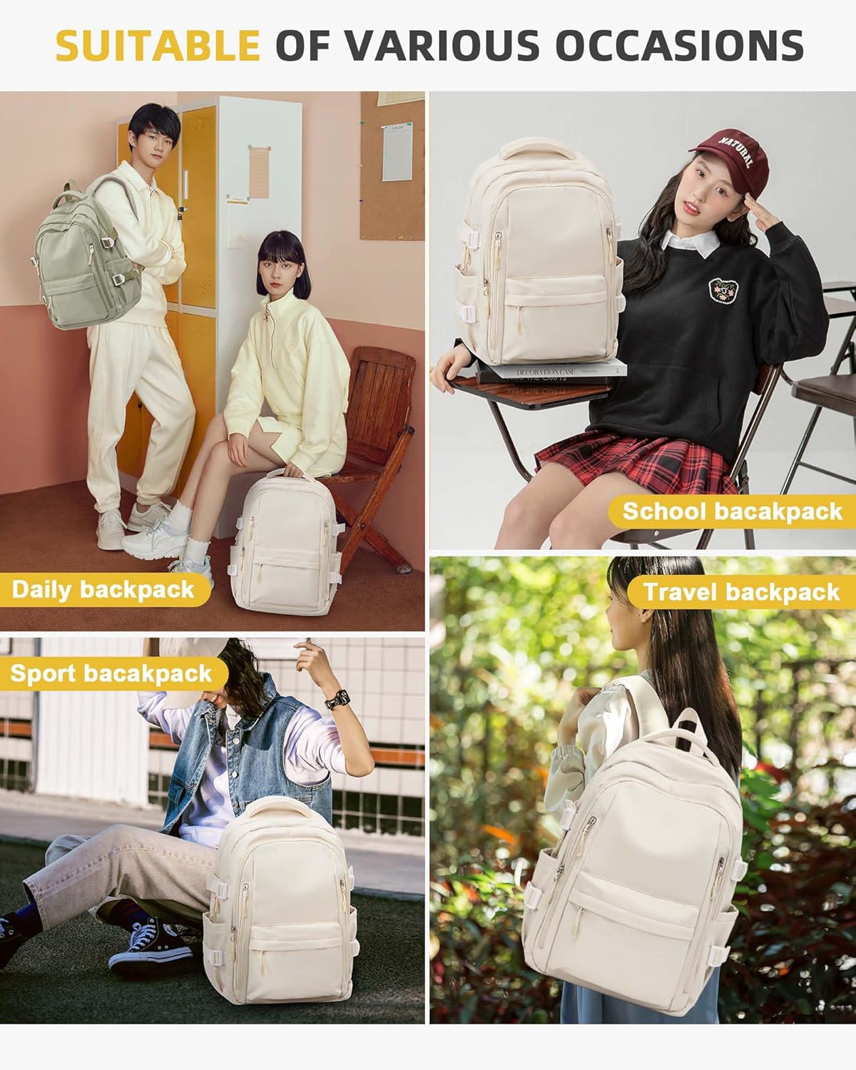 Lightweight Backpack for Women, Large Laptop Travel Backpack Casual Daypack College Bag Rucksack for Men. Beige