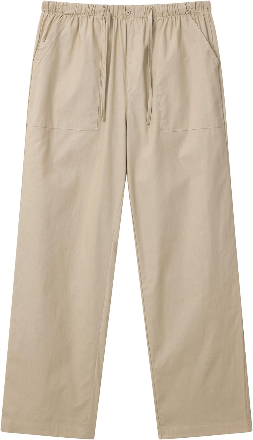 FANARCHER Men’s Cotton Linen Pants Drawstring Loose Beach Pants with Pockets