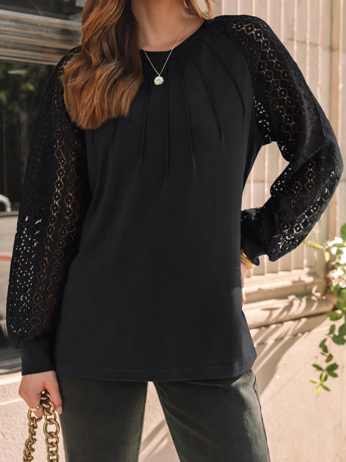 AUTOMET Womens Long Sleeve Shirts Pleated Lace Tops Fall Fashion Outfits Business Casual Blouses