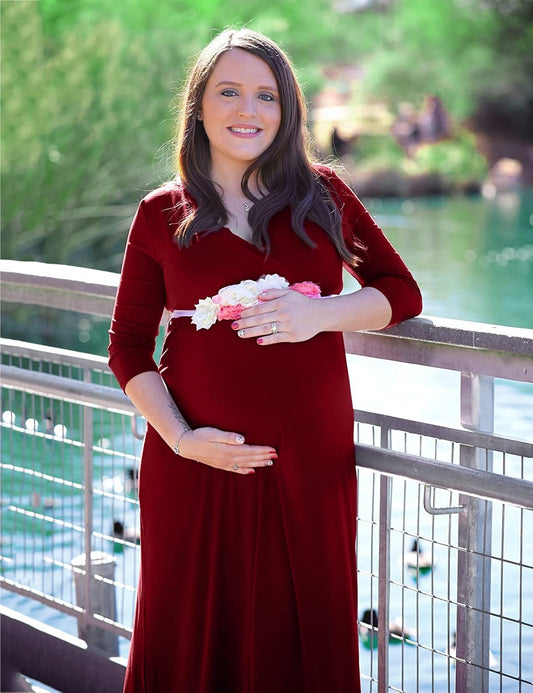 KIM S Maternity Maxi Dress with Flower Sash(S-3XL)/Wrapped Ruched V Neck Photoshoot Baby Shower Dresses