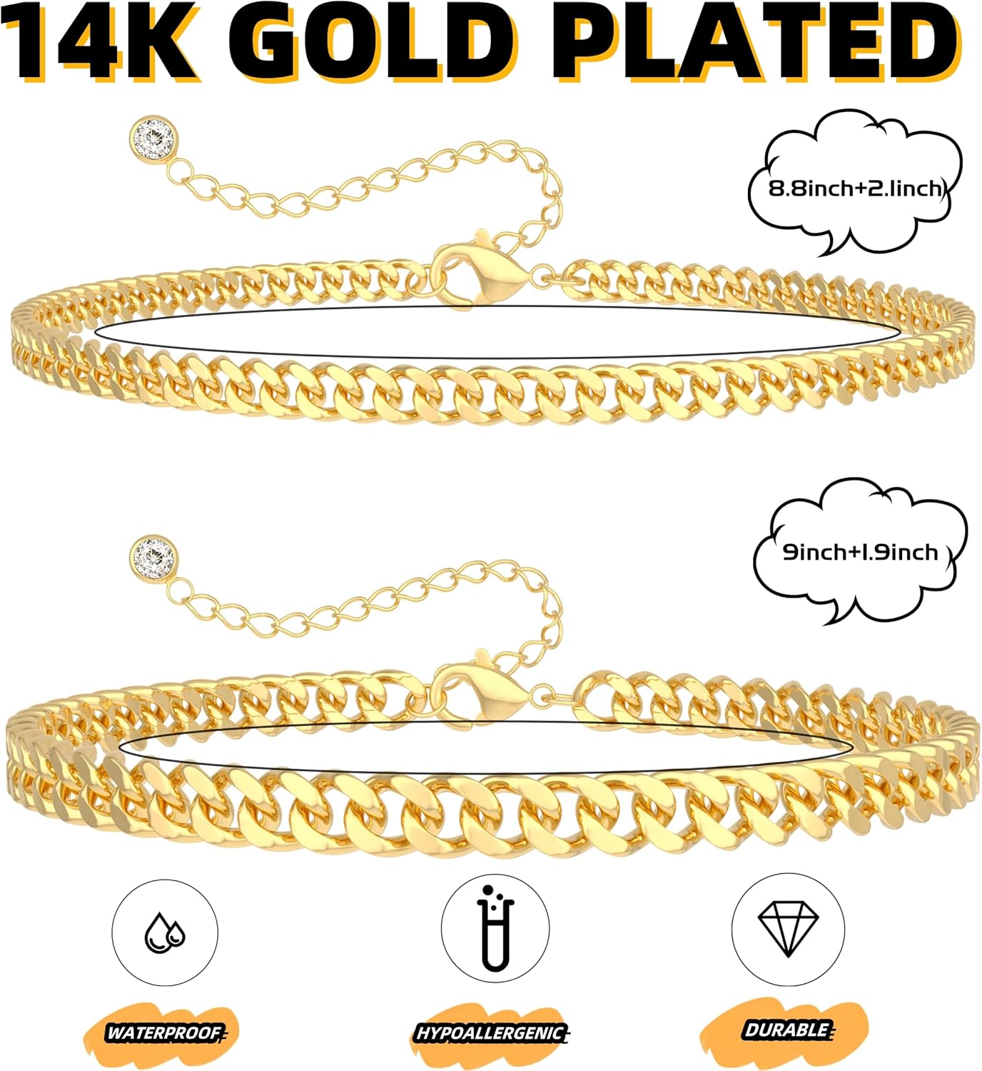 Gold Ankle Bracelets for Women Waterproof - Dainty Gold Anklets Trendy Layered 14K Gold/Silver Plated Stackable Chunky Cuban Link Chian Anklet Bracelet Set for Women Non Tarnish Jewelry Gift
