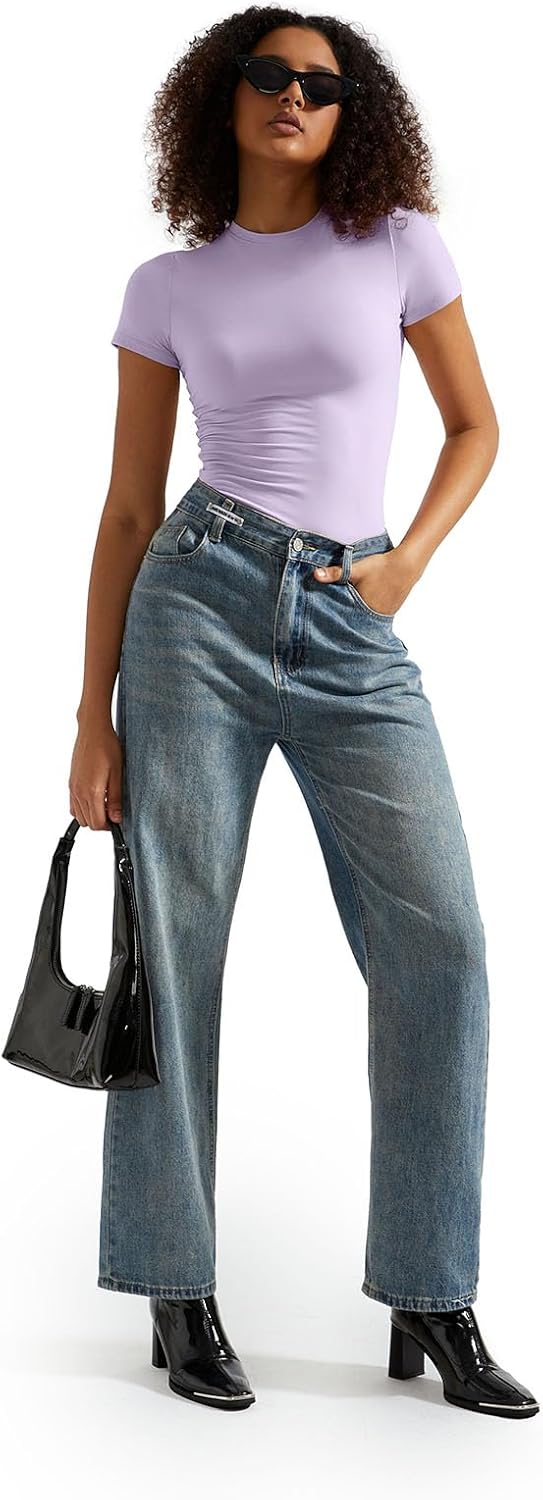 SUUKSESS Women Double Lined Fitted Basic Tee Crew Neck Short Sleeve Y2K Crop Top
