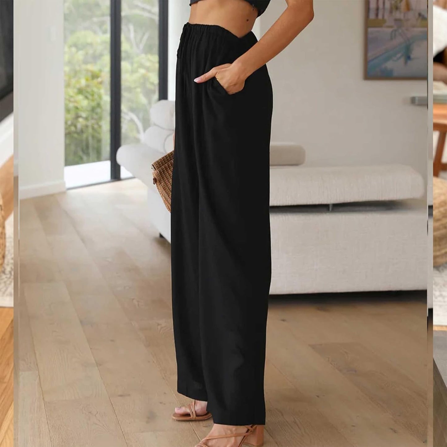 Duyang Womens Cotton Linen Palazzo Pants Drawstring Elastic Waist Casual Wide Leg Trousers with Pockets