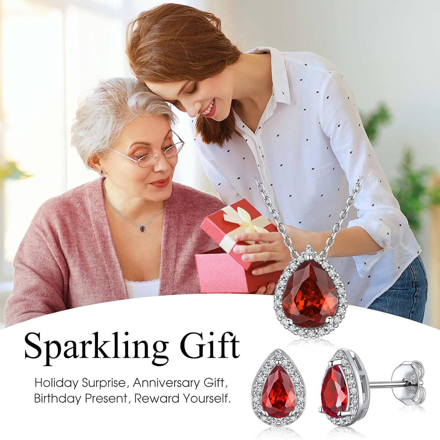 Bestyle Sparkling 925 Sterling Silver Birthstone Necklaces for Women, Created Heart/Round/Teardrop/Square Crystal Solitaire Pendant Diamond Necklace, Great Birthday/Anniversary/Wedding Gifts