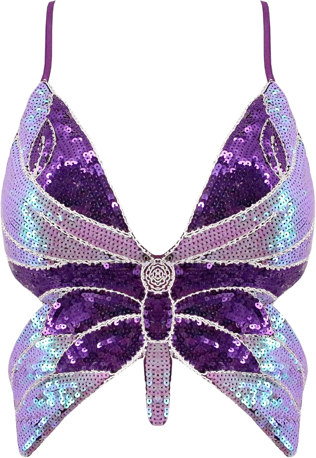 Mocure Womens Glitter Sequin Butterfly Crop Top Low-Cut Tank Top Rave Tube Vest Top for Belly Dance Costume Outfits