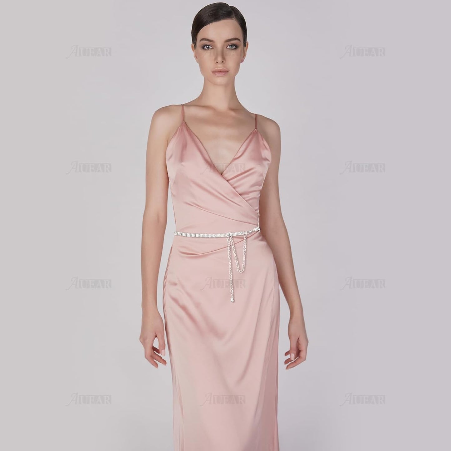 AUEAR, Fashion Silver Crystal Waist Buckle Belt Metal Chain Dress Rhinestone for Women Wedding Party Decor