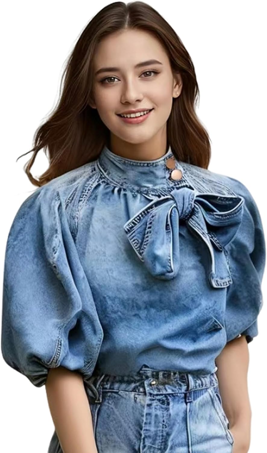 Women's Bow Design Denim Pullover Top Button Up High Neck Fashionable Jacket with Elastic and Puff Sleeves