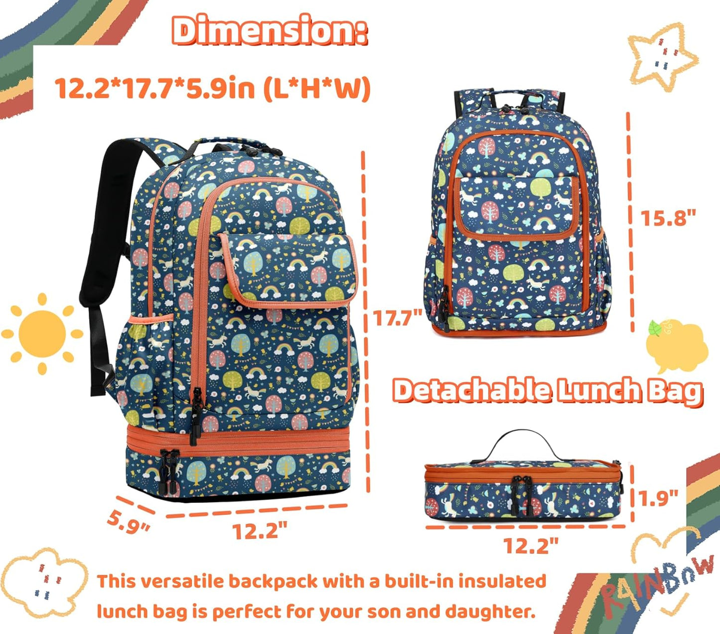 Leaper Water-resistant Cute Mermaid Laptop Backpack Double Deck Lunch Bag Satchel Purple