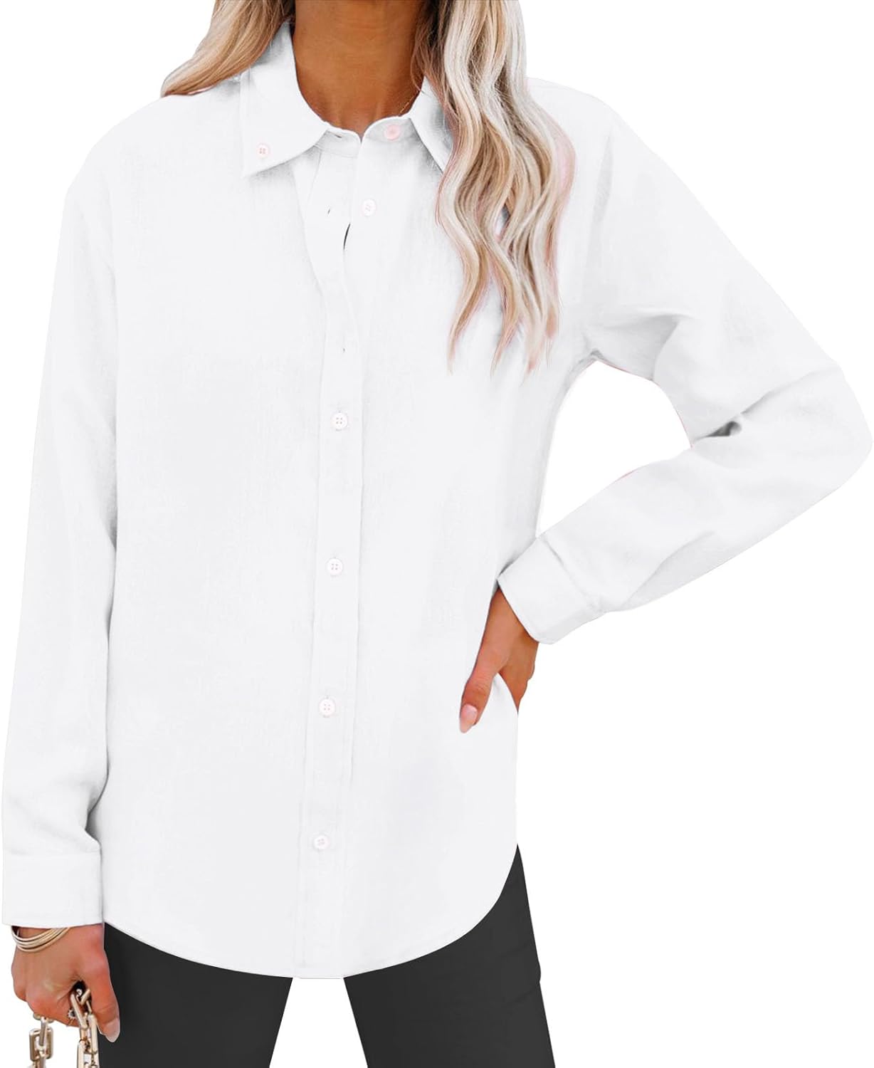 Womens Oxford Shirts Button Down Shirts Cotton Dress Shirts Long Sleeve Collared Work Office Blouses Tunic Tops - White L